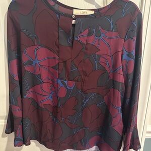 LOFT Burgundy and Blue Floral Blouse